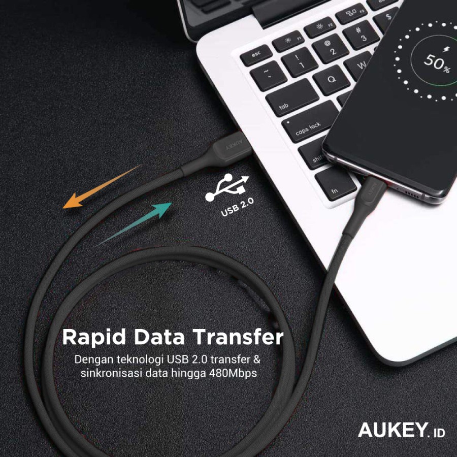 Aukey Cable CB-AKC2 USB A To C QC 2.0 Kevlar Cable 2M Black - 500414