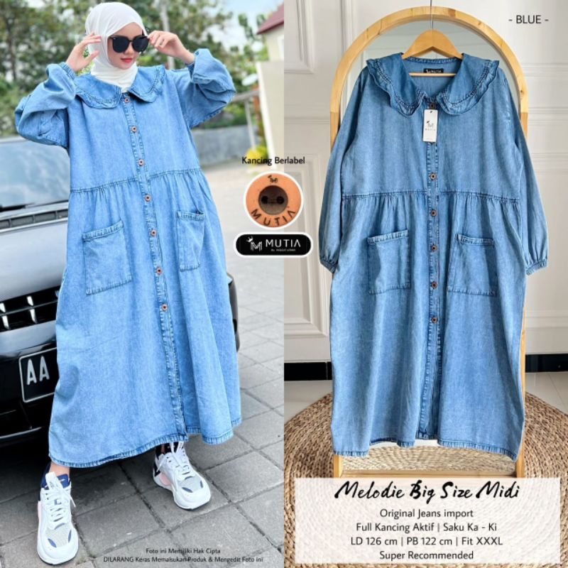 MELODIE BIG SIZE MIDI BY MUTIA / DRESS JUMBO WANITA MUSLIMAH / Gamis midi jeans tebal