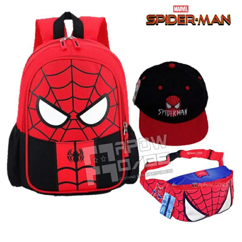 3in1 tas ransel anak topi dan tas selempang anak laki laki karakter spiderman waistbag anak tas punggung anak topi anak laki