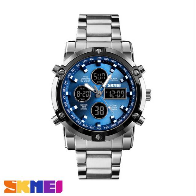 jam tangan pria berat analog dan digital stainless steel skmei original blue 1389