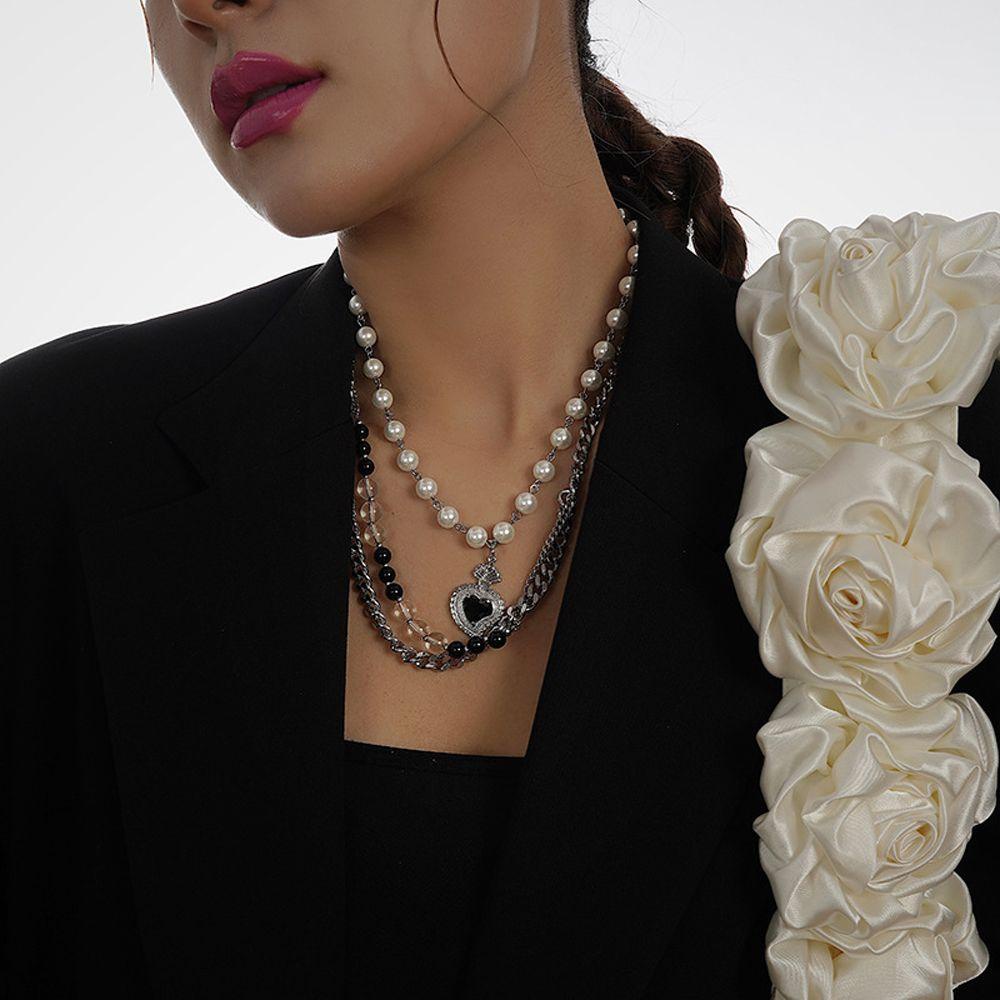 Needway Wanita Kalung Punk Fashion Perhiasan Mutiara Manik Lapisan Ganda Liontin Hati Hitam