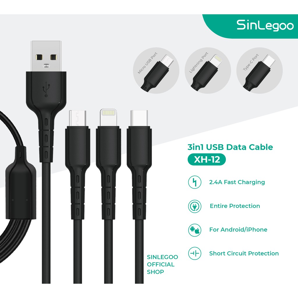 Sinlegoo XH-12 kabel data 3in1 charger handphone 2.4A fast charging support android ios garansi resmi-2