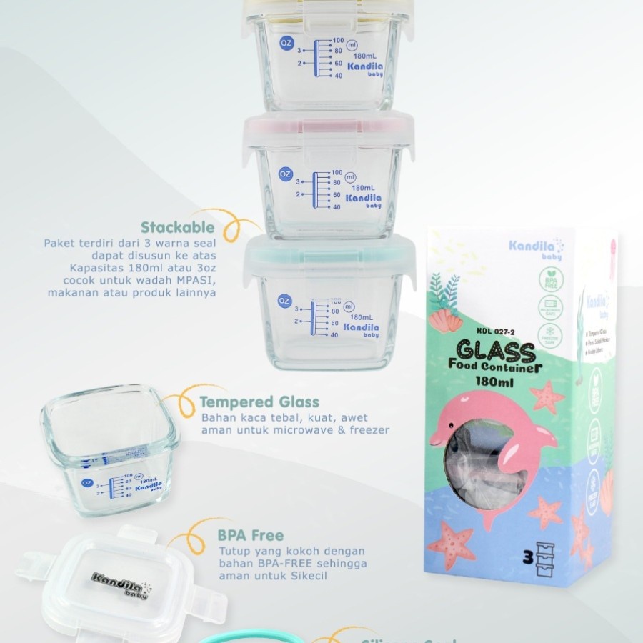 KANDILA  Baby Glass Food Container   Wadah Mpasi Kaca lock and Lock Tempat Makan MPASI mangkok kaca