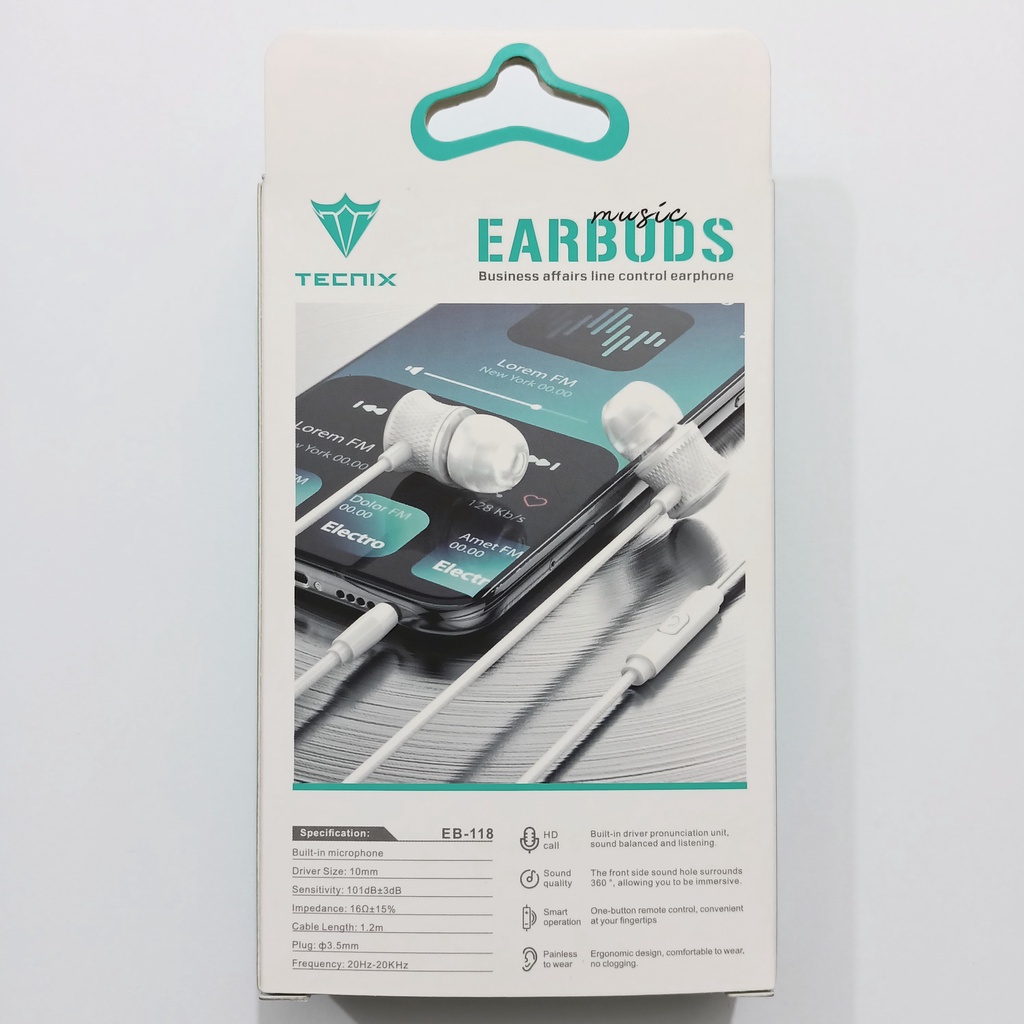 TECNIX Headset Earbuds EB-118 jack 3.5mm With Mic - Black and White -