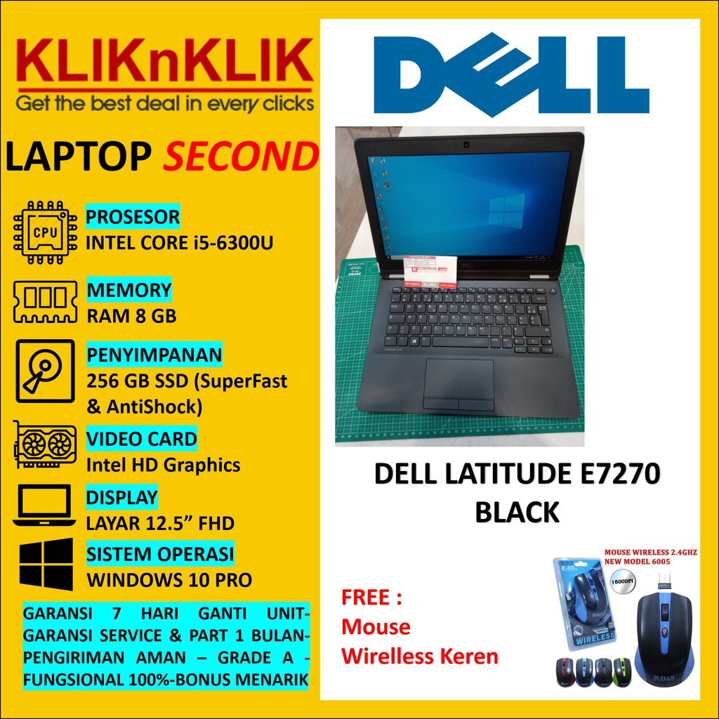 LAPTOP SECOND DELL LATITUDE E7270 CORE i5-6300U RAM 8 GB SSD 256GB FHD WIN10PRO BLACK