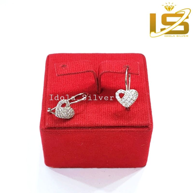 ANTING PERAK ASLI SILVER 925 LAPIS EMAS PUTIH MODEL DESI PERMATA LOVE - PERHIASAN PERAK