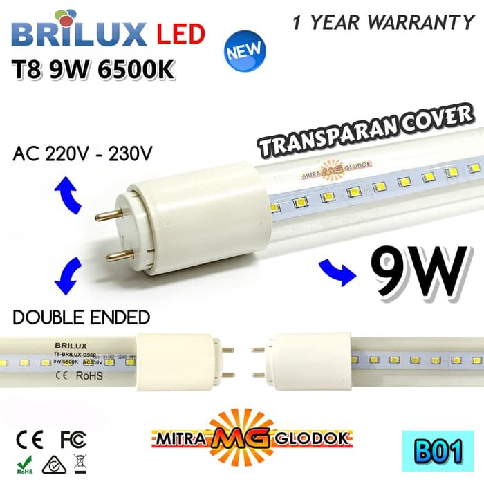 LAMPU LED TL T8 NEON 9W Watt 60 CM BRILUX COVER KACA TRANSPARAN / WHITE (PUTIH) - DOUBLE ENDED -B01T