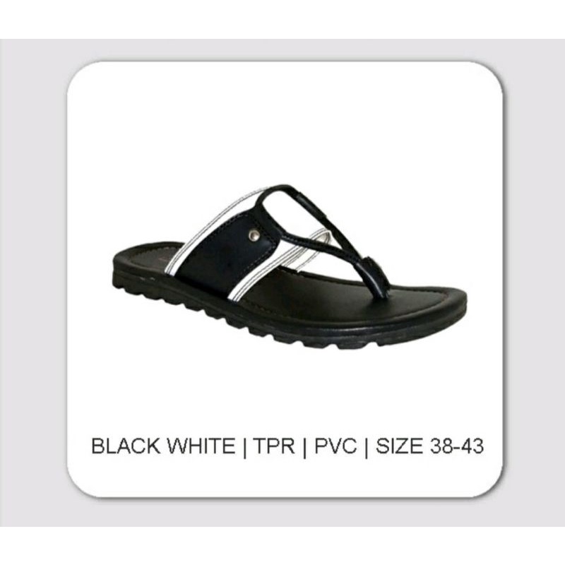 Sendal Jepit Paku MK-3 Pria Kasual / Sendal Kulit Hitam Putih / Sendal Terlaris Cowok Hitam, 42