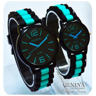 JAM TANGAN GENEVA EVOLUTION BLACK TOSCA COUPLE MURAH