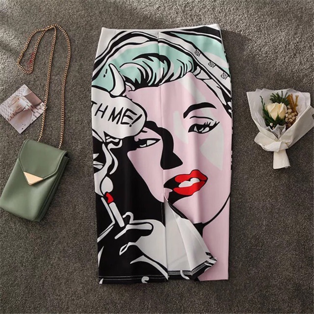 Rok Midi Span Pensil Motif Print Kartun Wajah Marlyn Monroe