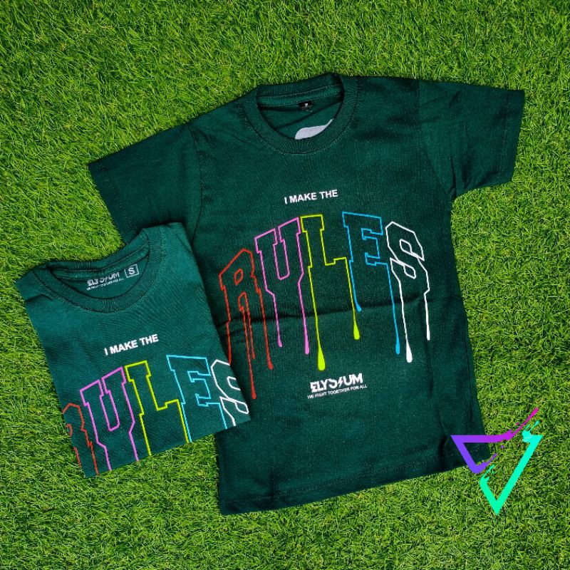 Baju / Kaos Distro Anak Laki Laki dan Perempuan / ELYSIUM / Kaos Oblong Motif Rules Hijau Army