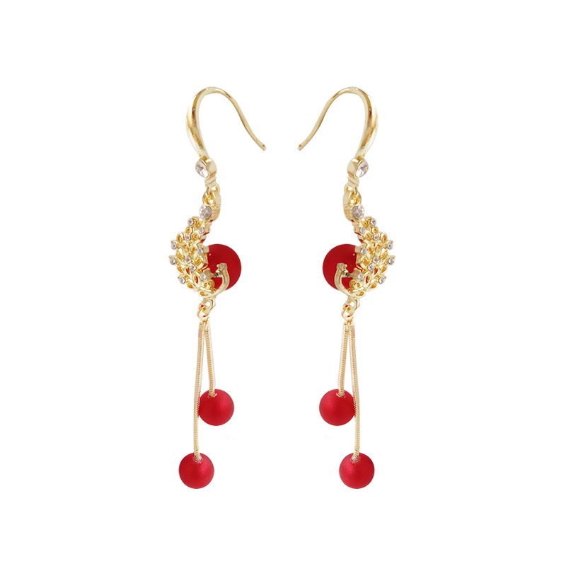 Sterling silver jarum Cina retro Royal court gaya all-match Merah Phoenix panjang rumbai selebriti I