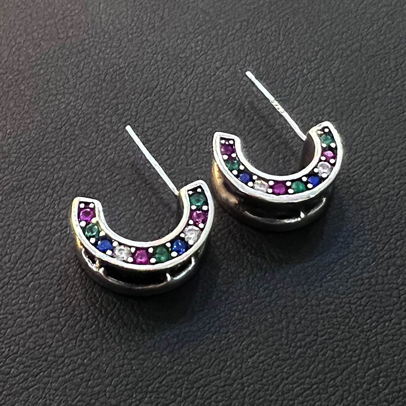 Anting Tusuk Bentuk C Hias Zircon Warna Pelangi Gaya Trendyretrothailand Untuk Wanita