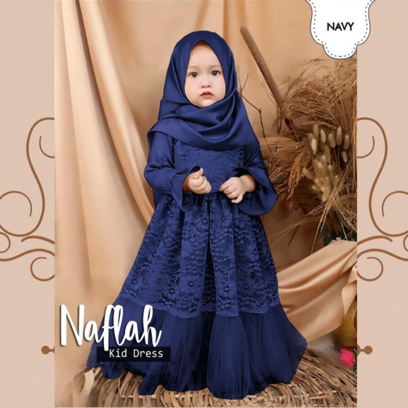 DRESS NAFLAH KID ANAK, SATIN, BRUKAT TILE, GAMIS HIJAB MUSLIM, DRESS MAXY