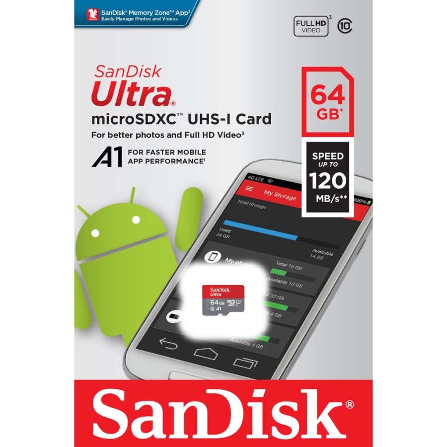 Microsd Sandisk A1 - 64GB (CL10 UHS - Speed 100mb/s)