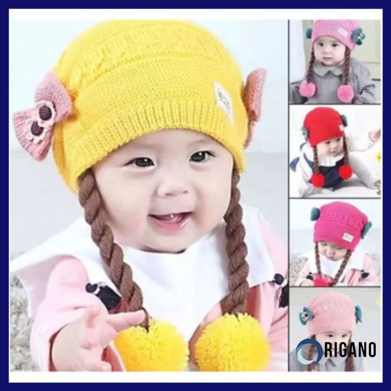 Topi Anak Perempuan Rambut Kepang Kupluk Bayi Rajut Kepang