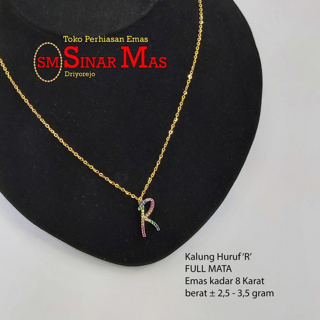 Kalung huruf 'R' cantik variasi full mata emas 8 Karat --panjang 40 cm