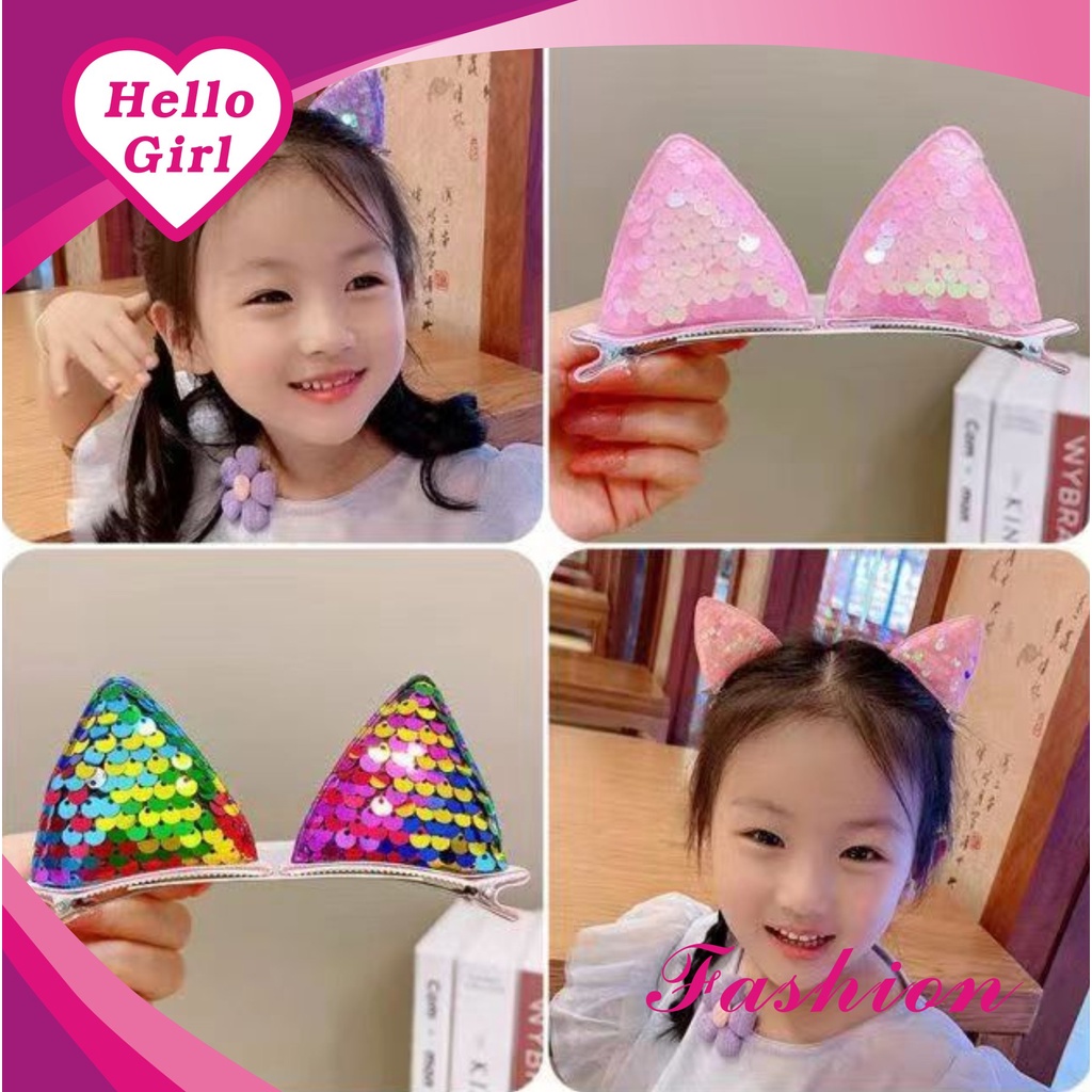 (Hello Girl)F111 2pcs/Set Jepit Rambut Anak Motif Telinga Kucing Blink Gaya Korea Import