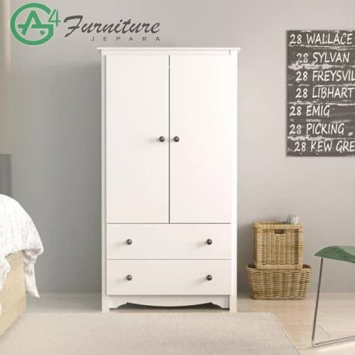 Lemari Pakaian Minimalis 2 Pintu Warna Putih Kayu Mahoni