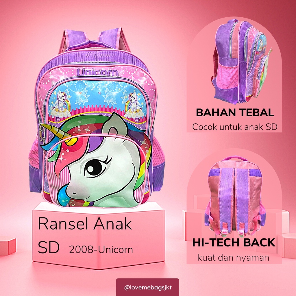 LMB Tas Anak Sekolah Perempuan SD Import Unicorn Rainbow Kualitas Premium Karakter Lucu Viral Bahan Tebal Nilon