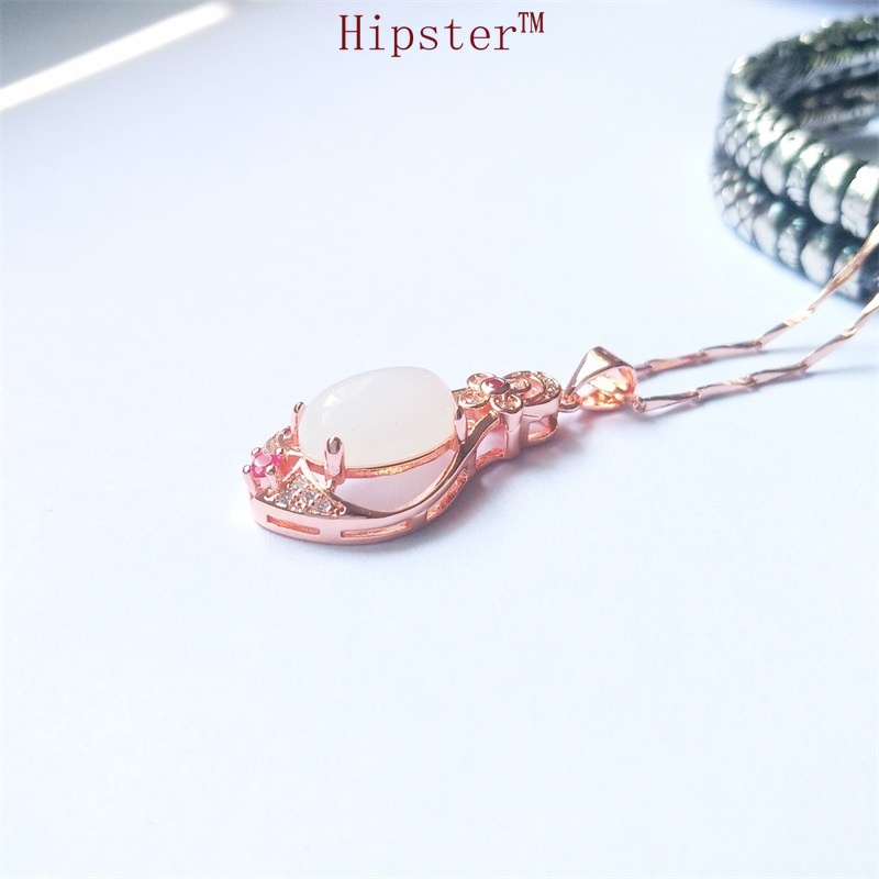 Fashion Classic Hot Sale 18K Rose Gold Full Diamond Pink Jade Pendant Elegant Necklace