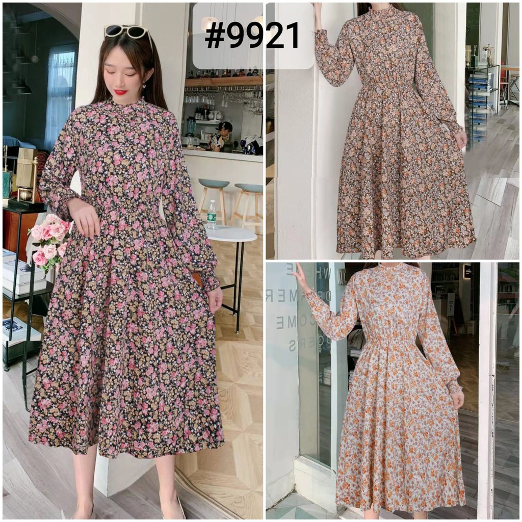 Gaun Wanita Motif Floral Dress Vintage Korean Style 9920 - 9925-2