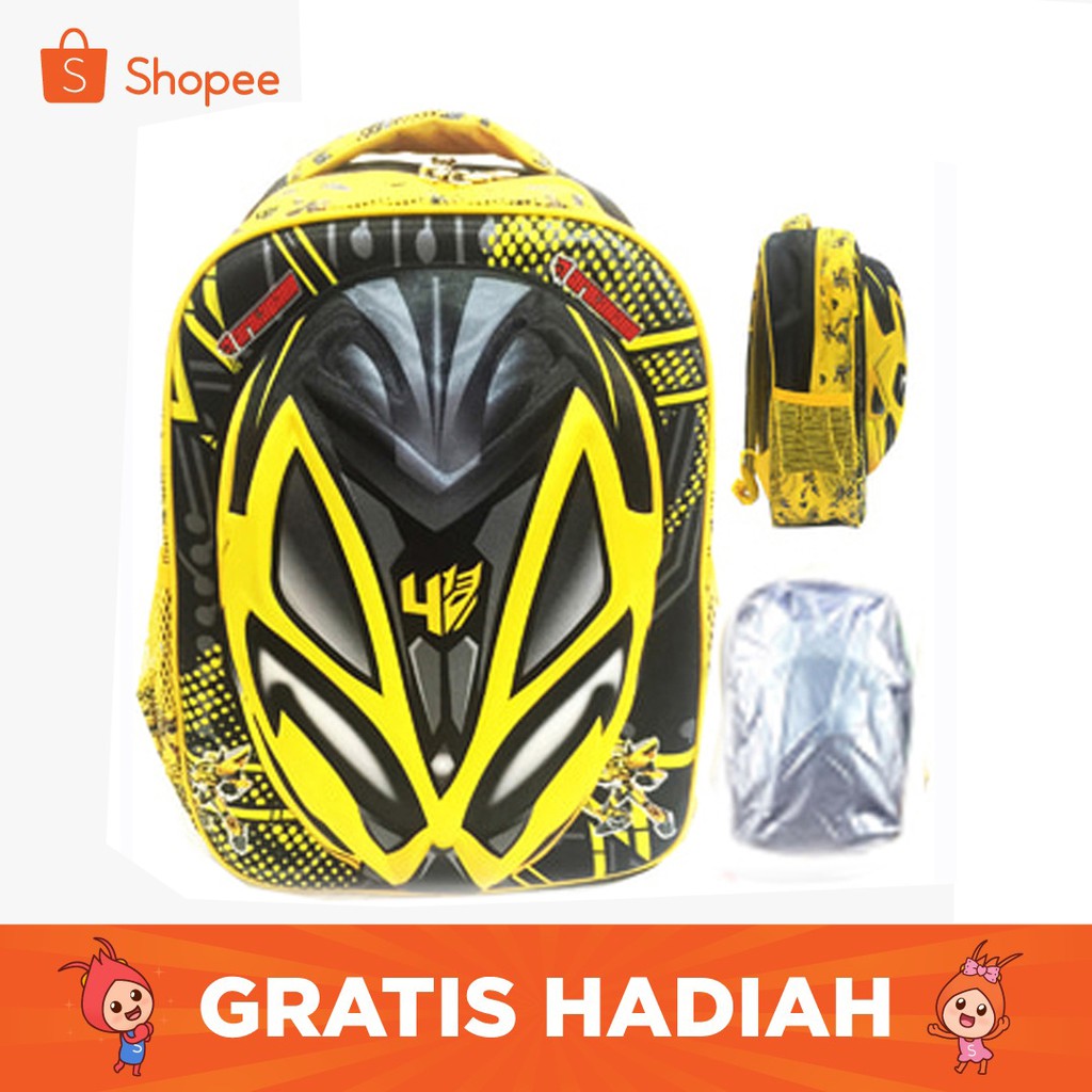 RAINCOVER ANTI HUJAN Tas Ransel Sekolah SD Transformer Bumblebee 3D Timbul Hard Cover - Yellow