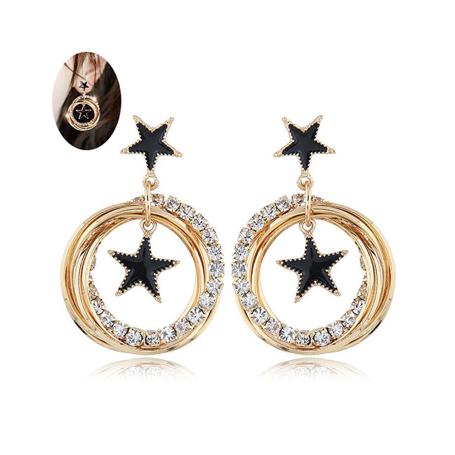 LRC Anting Tusuk Fashion Gold Flash Diamond Five-pointed Star Multi-circle Earrings A58007