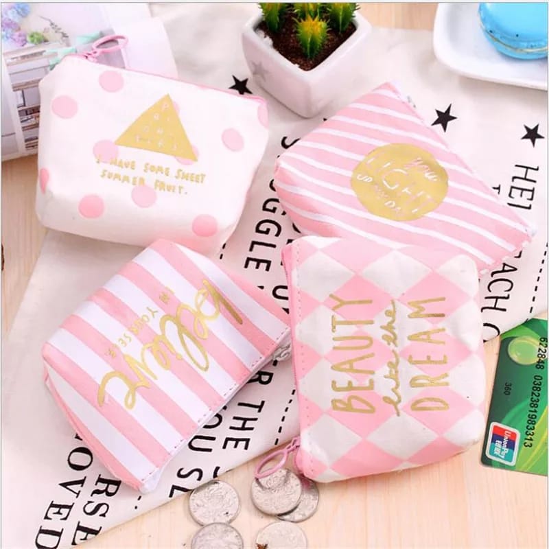 Dompet Koin Mini Cute Pink Resleting Bahan Kanvas Dengan Resleting / Dompet Kecil Untuk Uang Koin