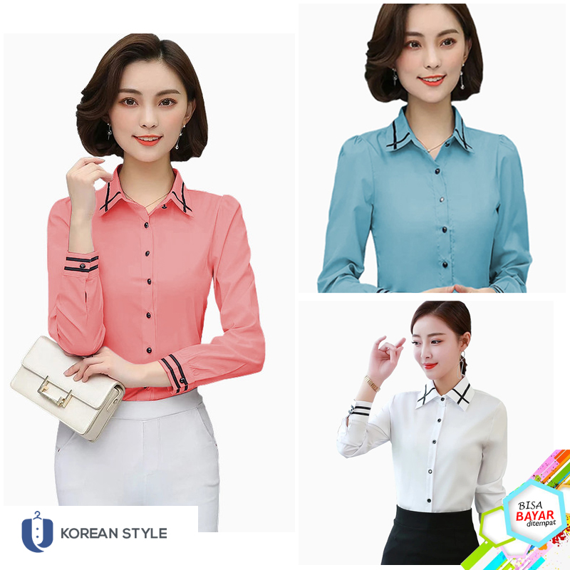 Kemeja Korea Putih Wanita Lengan Panjang Model List Hitam Baju Kerja Wanita Jumbo