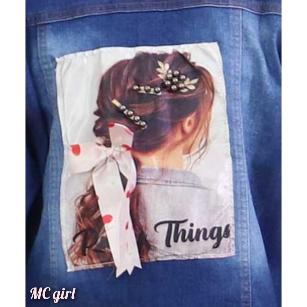 MC girl - Jaket Jeans Rawis Gambar Pita Belakang Sequin 3D Wanita / Jacket Denim Rumbai Gambar Belakang / Jaket Lepis Ukuran XXL