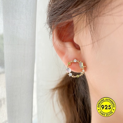 Anting Stud Sterling Silver 18K Bentuk Lingkaran Aksen Zirkon Warna-Warni Anti Alergi Untuk Wanita