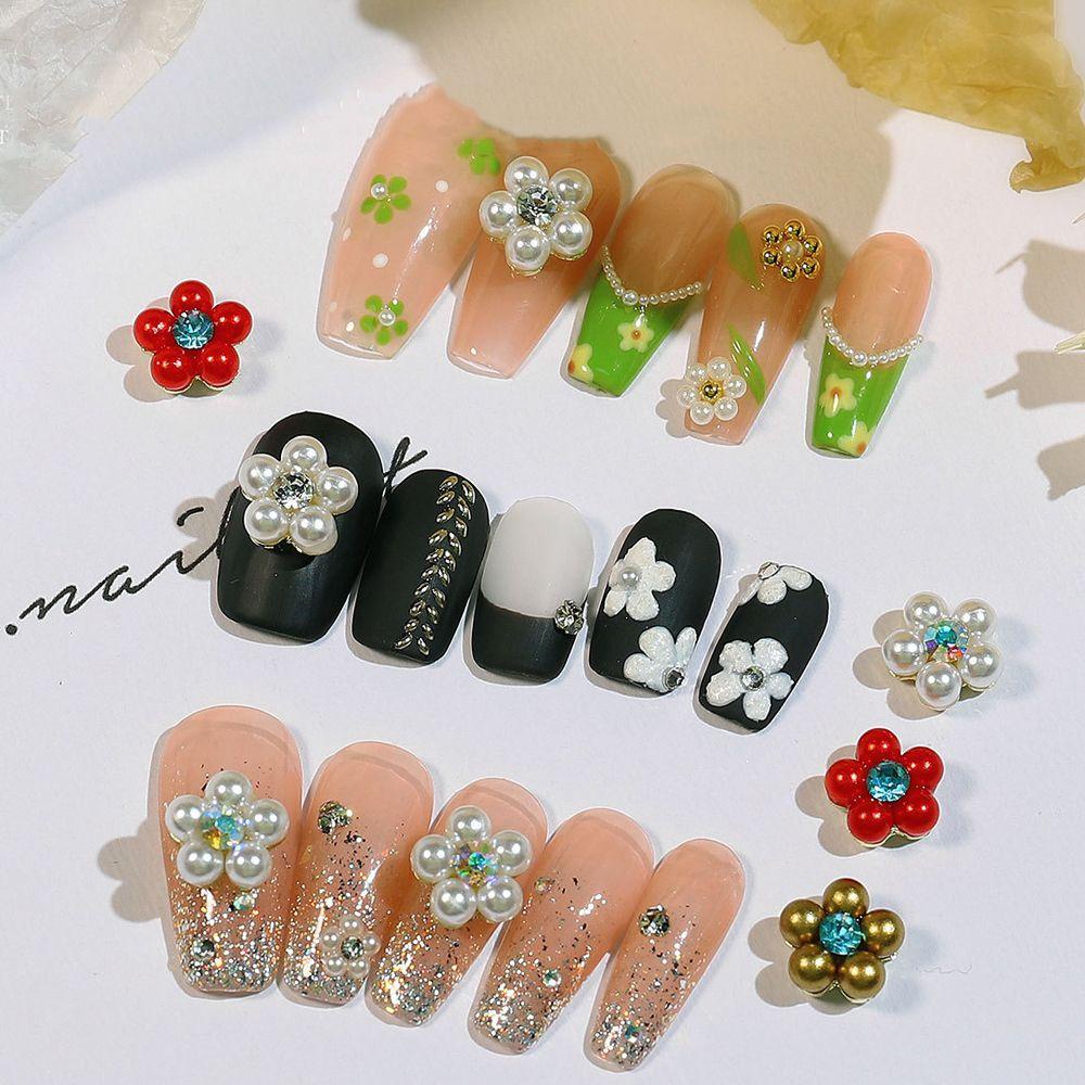 AUGUSTINA Agustina Bunga Nail Art Dekorasi Wanita Warna Campur DIY Hiasan Kuku Lima Kelopak Bunga 3D Perhiasan Kuku