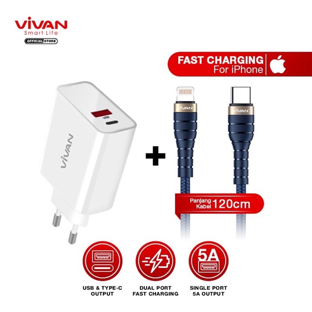 Paket Fast Charging iPhone (Charger 2 Output (Type-C &amp; USB) (DT01) + Kabel Data iPhone PD (KCL120))