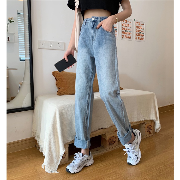 New Korean retro high-waist loose jeans straight-legged wide-legged celana panjang Wanita