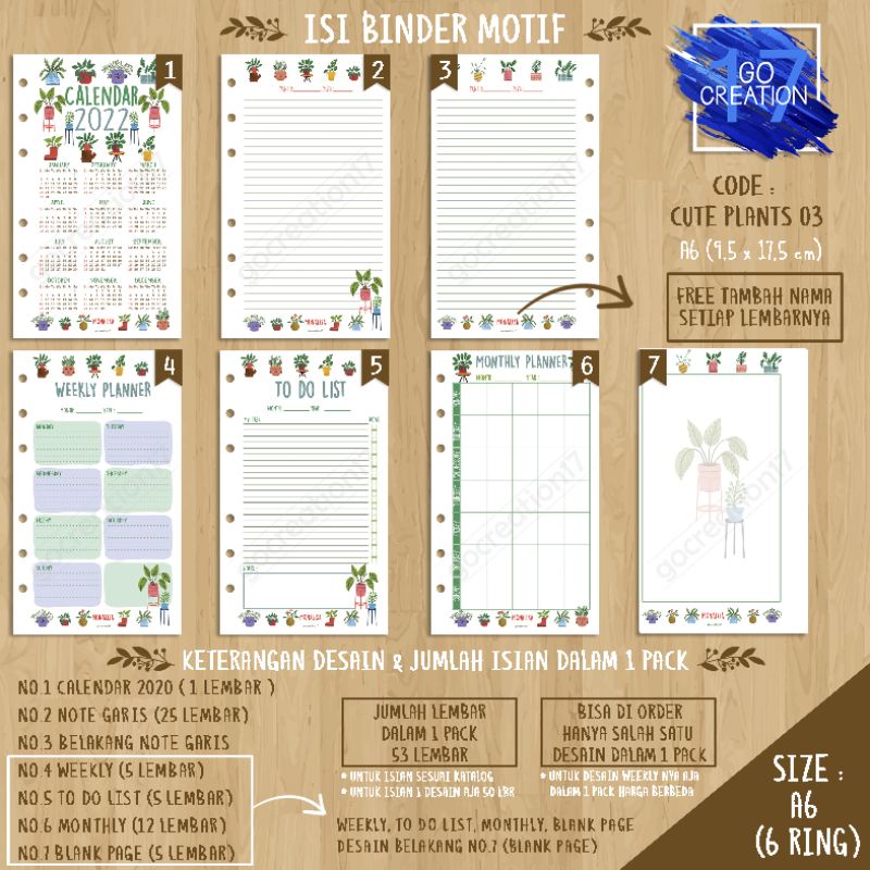 

Buku Planner isi Kertas Binder Motif Cute Plants 03 Premium A6 ring 6