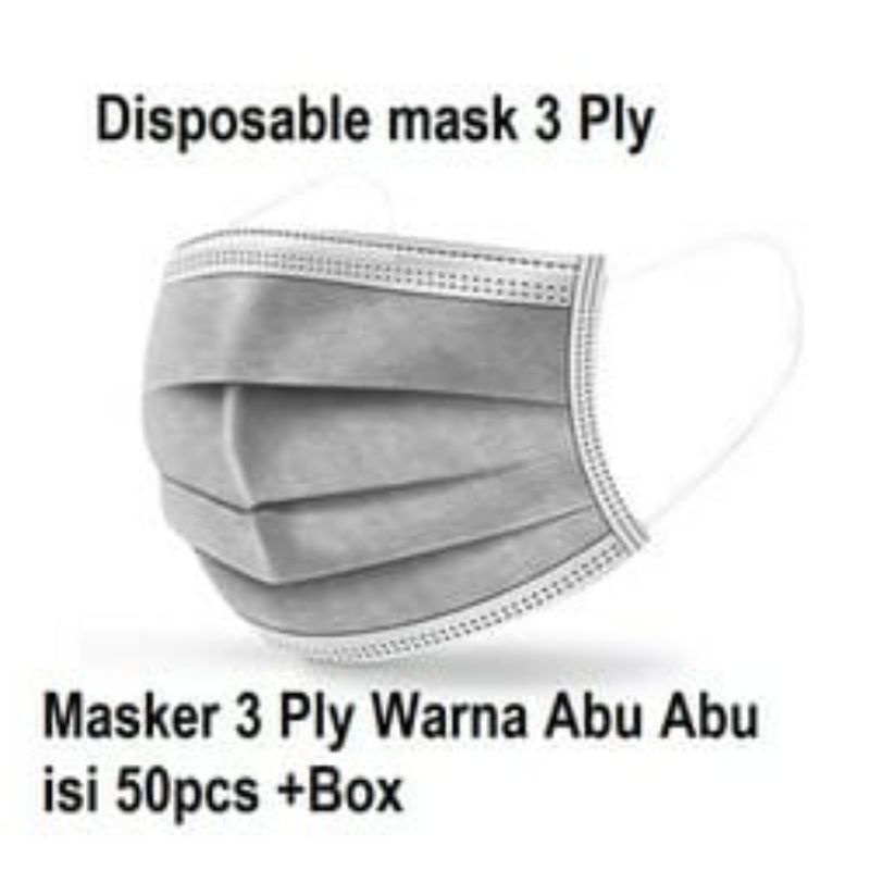 Masker 3 PLY warna abu abu Isi 50PCS/BOX Disposable Protective Mask Earloop H113 Masker Pelindung