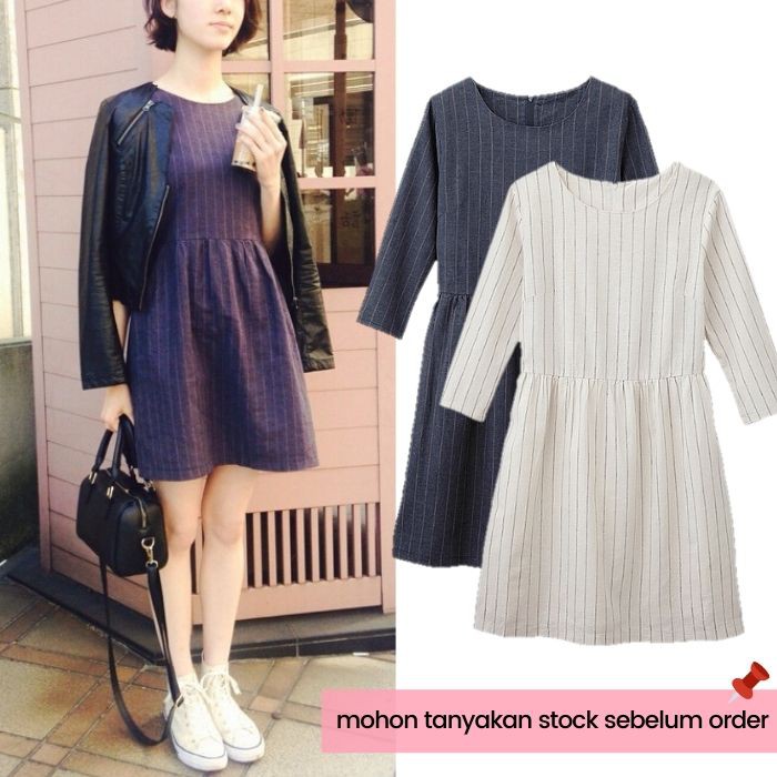 UNIQLO GU STRIPED LINEN DRESS PAKAIN WANITA BAJU BRANDED MURAH