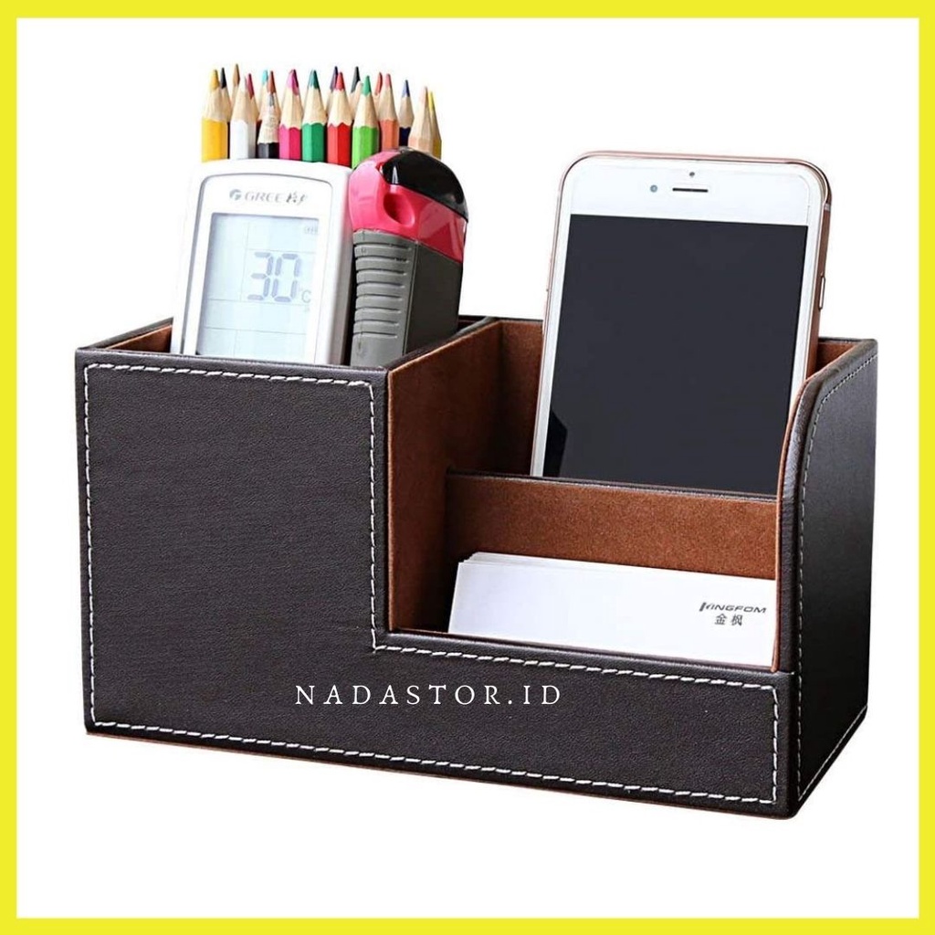 Kotak Penyimpanan Meja Kulit, Tempat Pensil, Dudukan Remote Control Kartu Nama, Rak Penyimpanan Alat Tulis Kantor