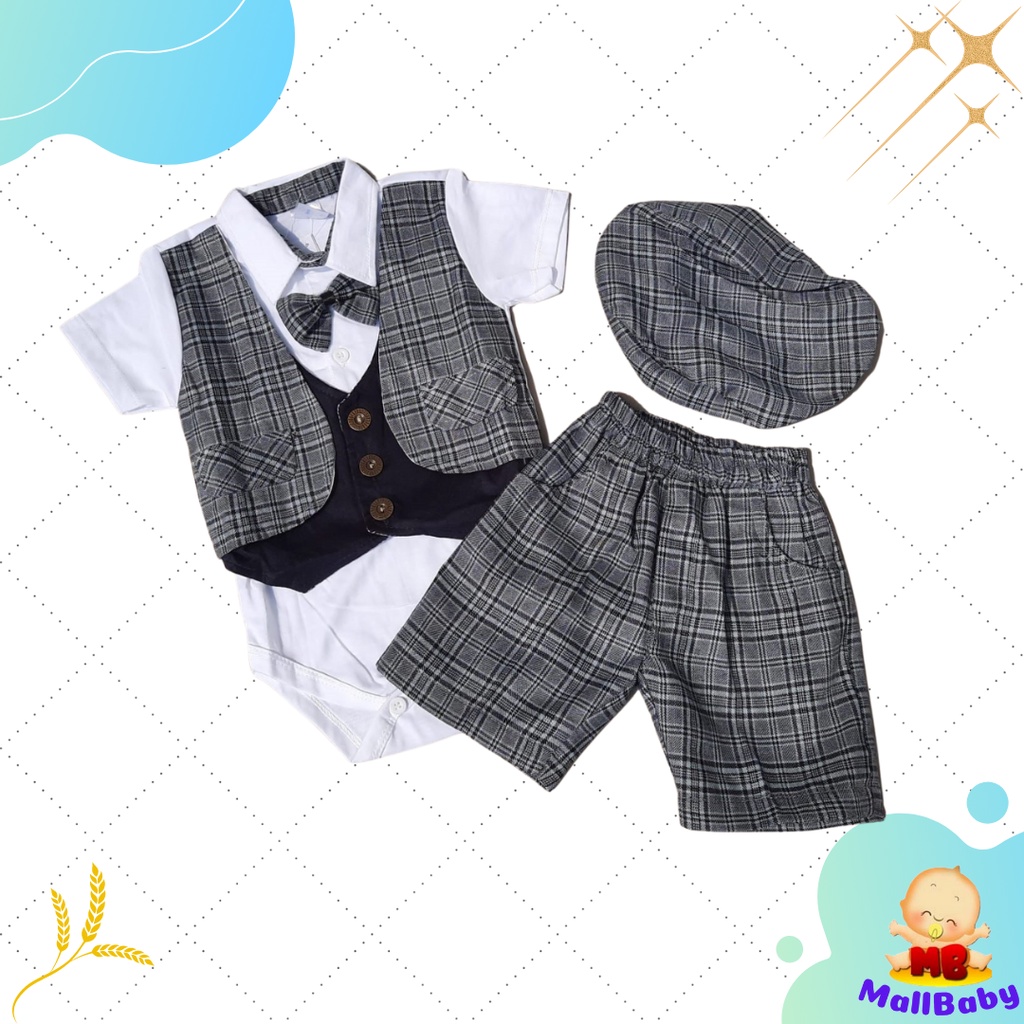 Baju Pesta Bayi Laki Laki Tuxedo Bayi Setelan Jumper Bayi Laki Laki set Dasi Topi Gary