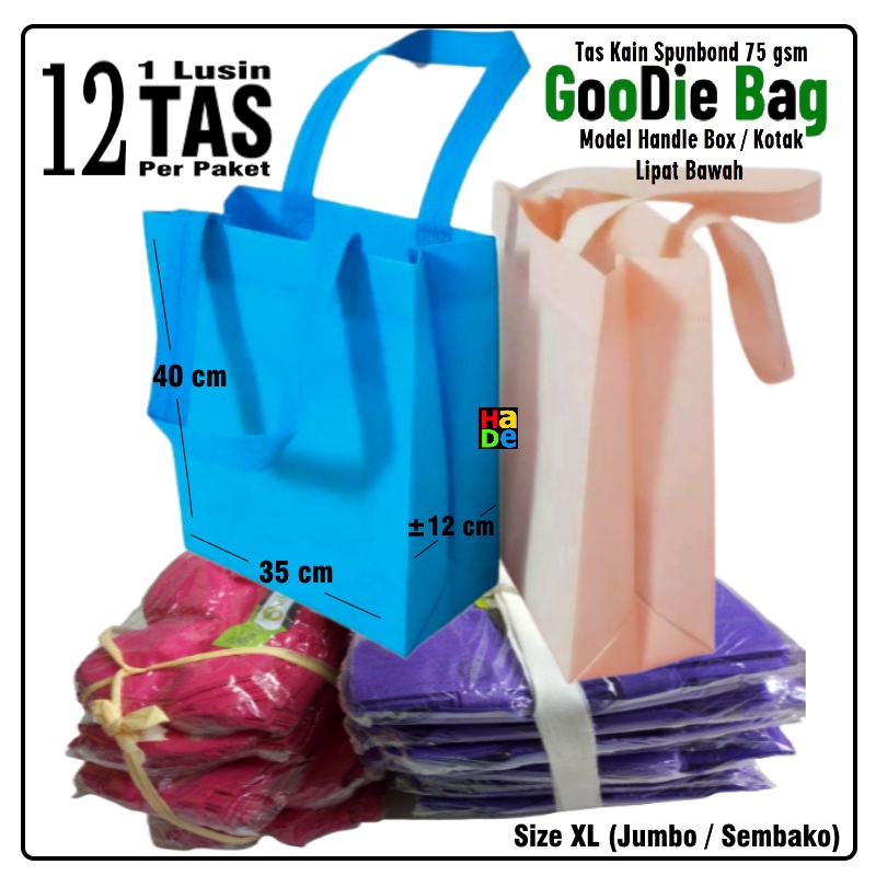 

1 Lusin isi 12 Tas Kain Spunbond Jumbo Kotak / Handle Box Goodie Bag XL= 35x40x12 Kantong Sembako