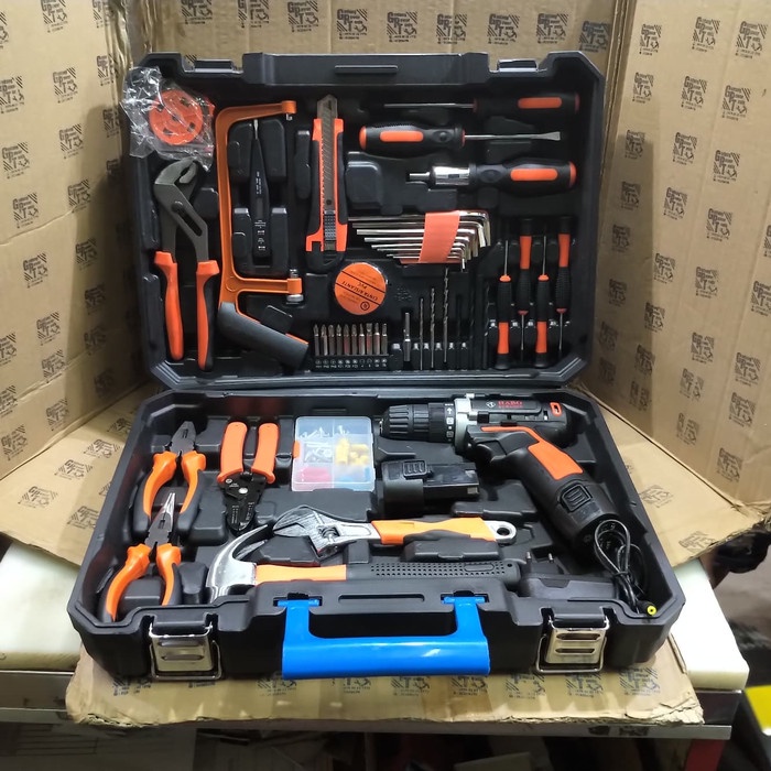 Paket Toolkit Toolbox Mesin Bor Baterai Bor Cordless 112pc