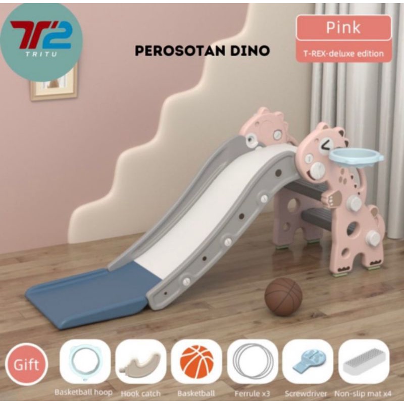 perosotan anak/perosotan dino+bola+ring basket+ring hook/mainan perosotan anak tritu/perosotan anak 