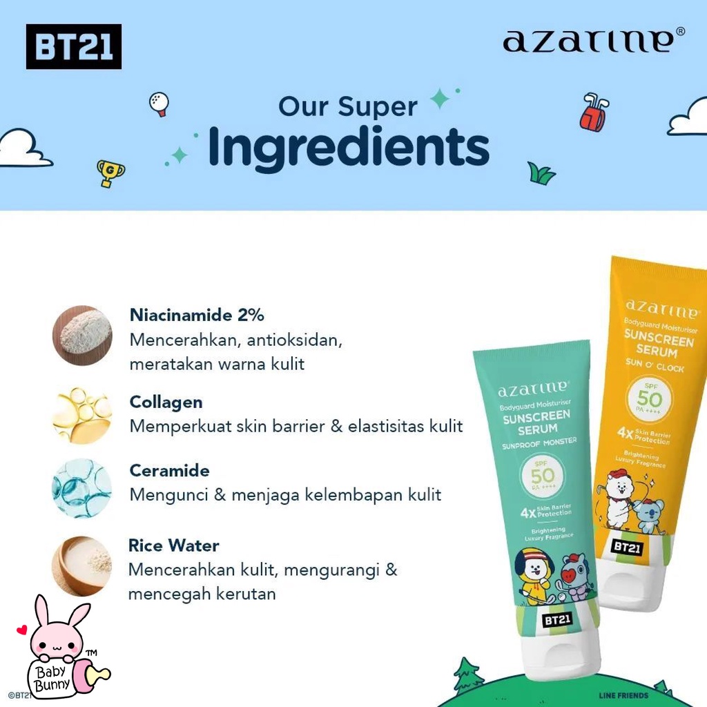 ❤ BELIA ❤ Azarine x BT21 Body Guard Moisturizer Sunscreen Serum 100ml SPF 50 PA++++ | BPOM Bodyguard Collab Line BTS sun screen block sunblock tata RJ chimmy cooky koya shooky mang van