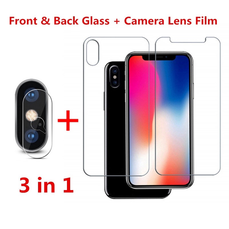 1 Set Tempered Glass Pelindung Layar Depan+Belakang dan Lensa Kamera iPhone 11 Pro Max XS XR X 7+