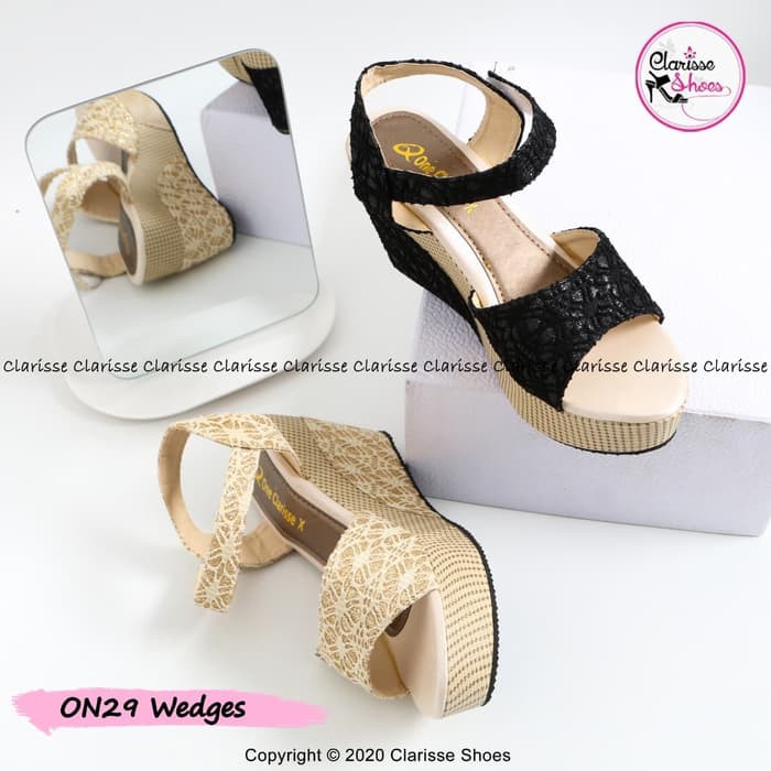 Sepatu Wedges Wanita Aksen Brokat Lace Warna Putih Kuning Impor 2037TP Wedges Brukat On29 Cream /