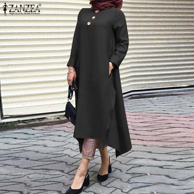 ZANZEA Women Decorative Button Front O-Neck Irregular Hem Muslim Dress