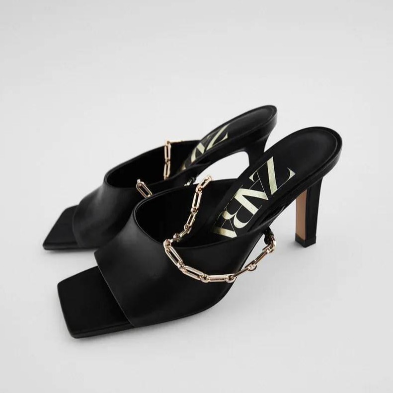 SANDAL WANITA ZS296 ZR LEATHER HEELED MULES WITH CHAIN PREMIUM IMPORT