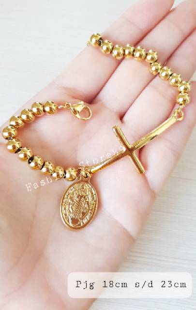 Gelang Rosario Bunda Maria dan Santo Benediktus kombinasi Salib Rantai Butir 6mm gold titanium antikarat fashion rohani pria wanita