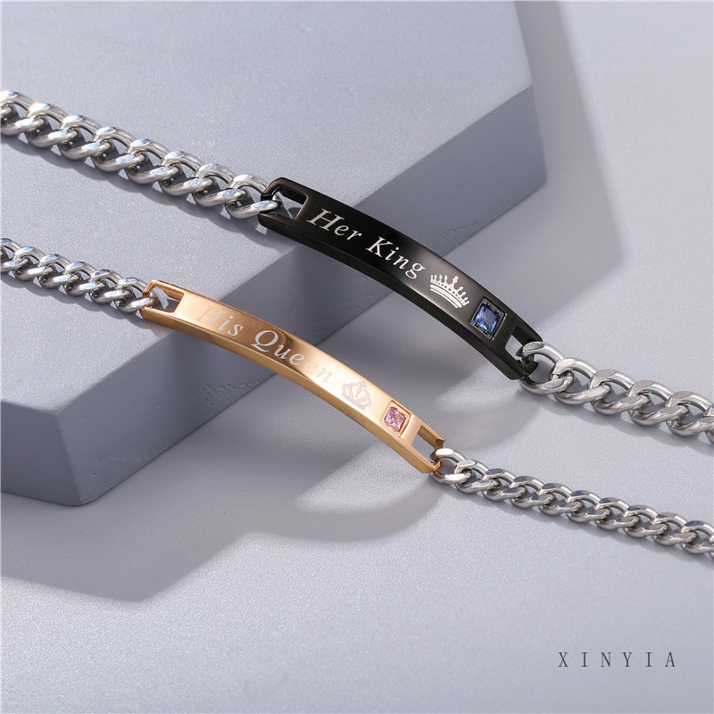 HERS Gelang Pasangan Bahan Stainless Steel Tulisan His Queen Her King Untuk Pria / Wanita